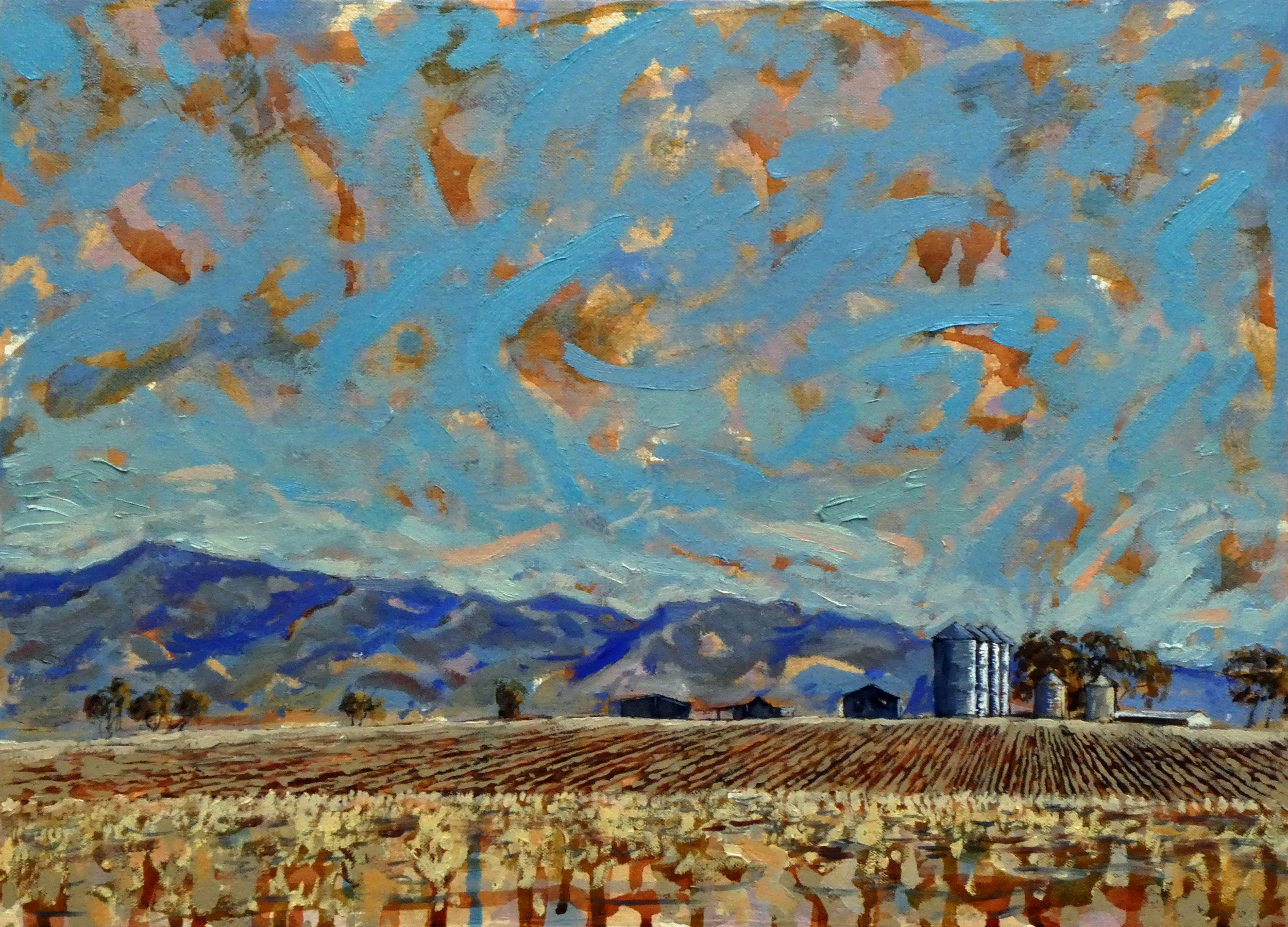 Silos from Little Kickerbell, 50cm x 35cm, oil on canvas, 2018