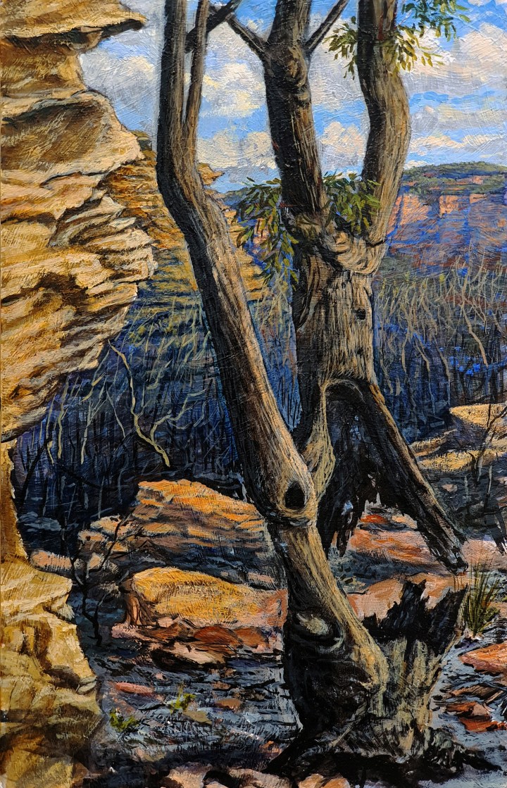 Reduced A Leg to Stand On, acrylic on board, 25cm x 42cm, 2020