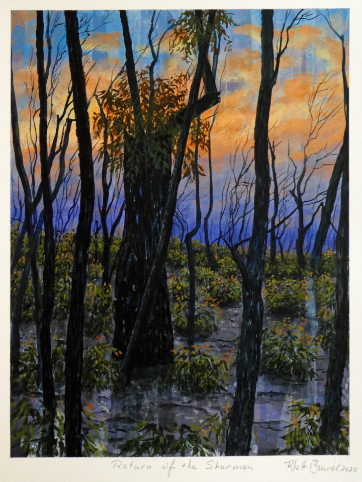 Return of the Sharman, 39cm x 28cm, acrylic on 649 g.s.m. watercolour paper, 2020